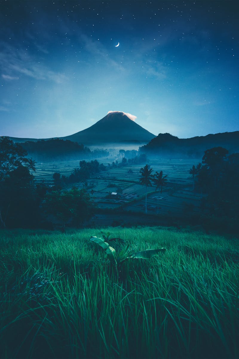 A breathtaking view of a moonlit mountain with vivid green fields, creating a serene and magical atmosphere.